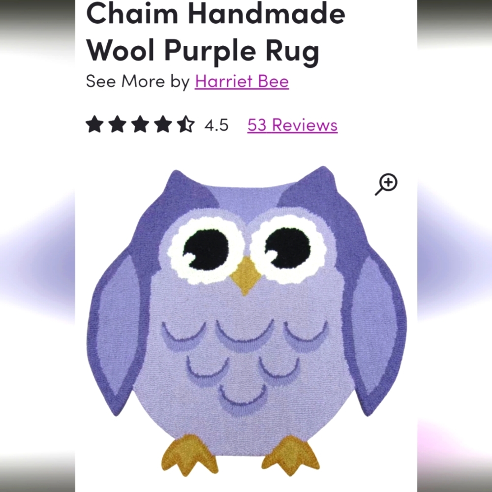 Owl-Shaped Handmade Wool Rug -Purple NWT